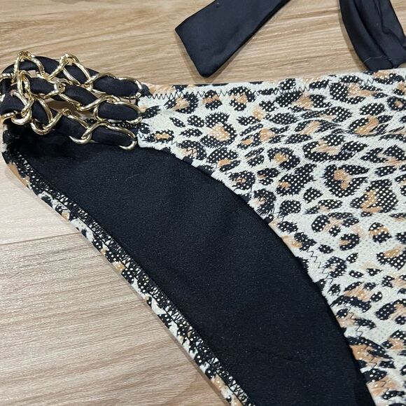 TiniBikini Leopard Shiny Gold Strapless Two Piece Bikini Swimwear Women’s Medium - Picture 3 of 5